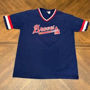 Vintage Howe Atlanta Braves Jersey Shirt‎ Navy Blue V-Neck Sliger 3 Large USA